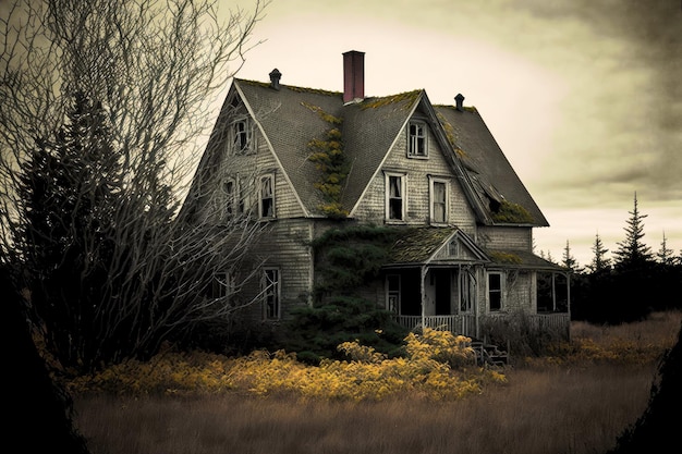 Black and white image of abandoned cottage against backdrop of gloomy sunset