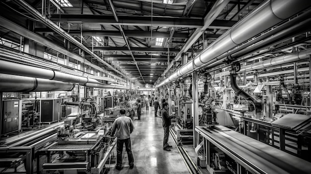 Black and white image of assembly line showcasing Second Industrial Revolution