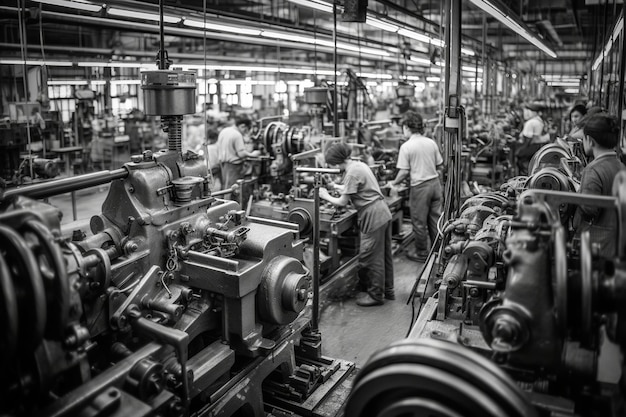 Foto immagine in bianco e nero della catena di montaggio che mostra la seconda rivoluzione industriale