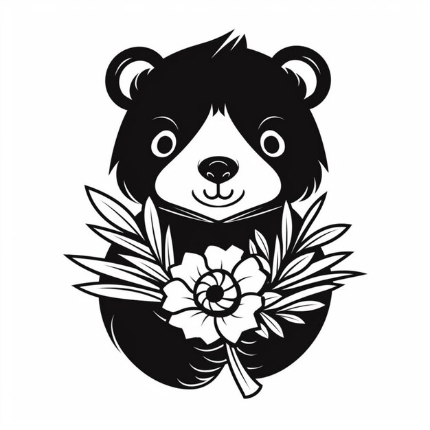 Photo a black and white image of a bear holding a flower generative ai