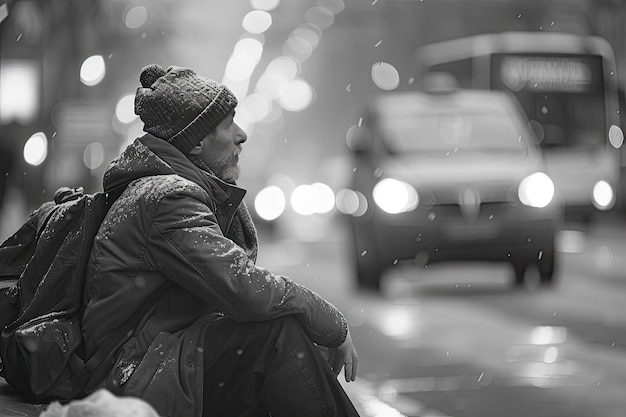 A black and white image of a beggar with a backpack by the roadway