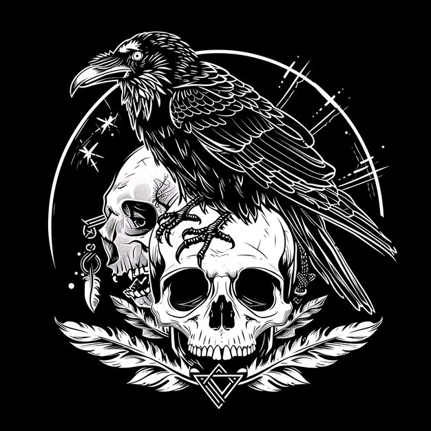 a black and white image of a bird and a skull with a skull and a skull