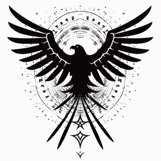 a black and white image of a bird with wings and a star generative ai