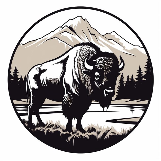 a black and white image of a bison standing in a field generative ai