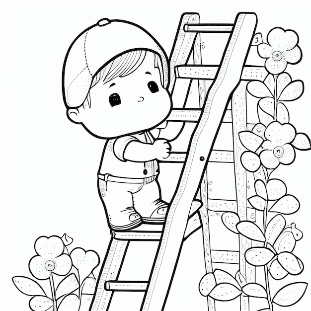 Photo a black and white image of a boy climbing a ladder generative ai