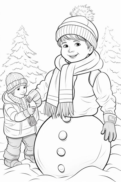 a black and white image of a boy and a girl making a snowman generative ai