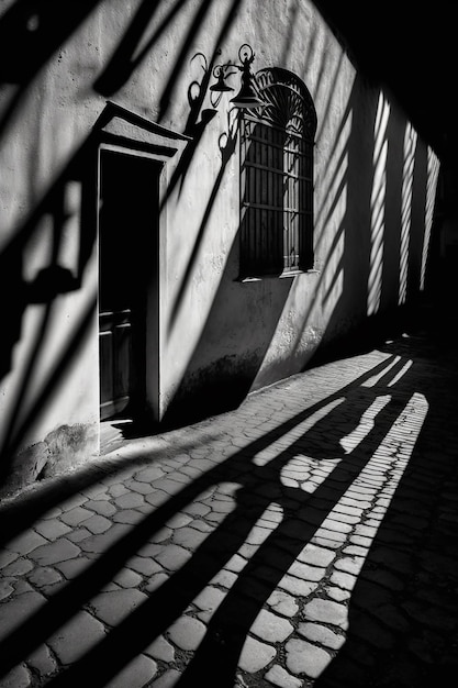 A black and white image of a building with a door and shadows.