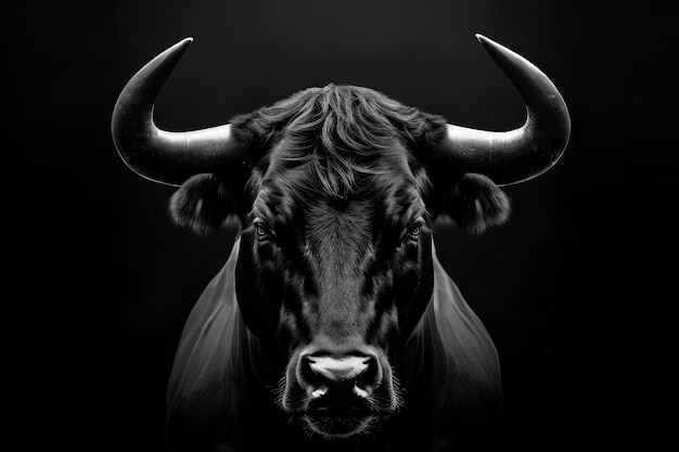 A black and white image of a bull with horns.