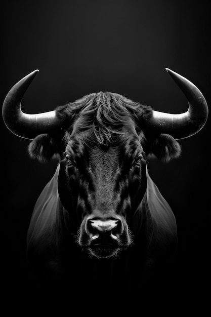 A black and white image of a bull with horns.