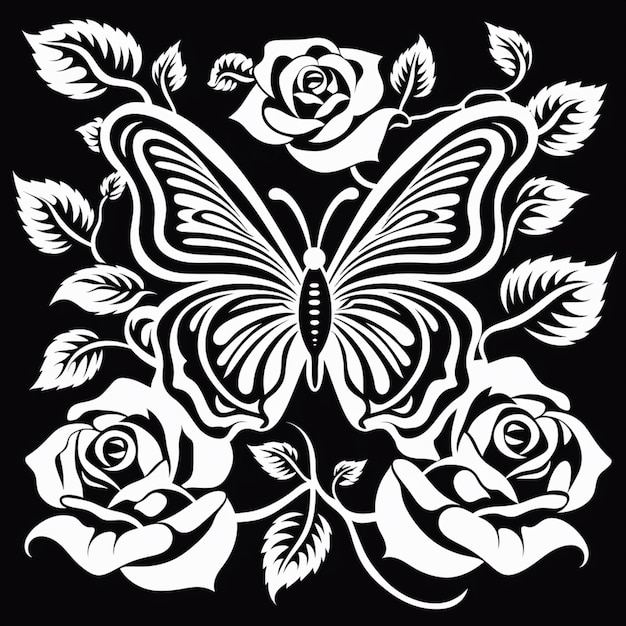 Photo a black and white image of a butterfly and roses generative ai