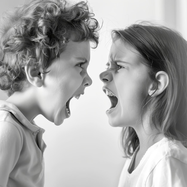 A black and white image captures a child and woman in midshout their faces a tableau of raw emotion and familial tension