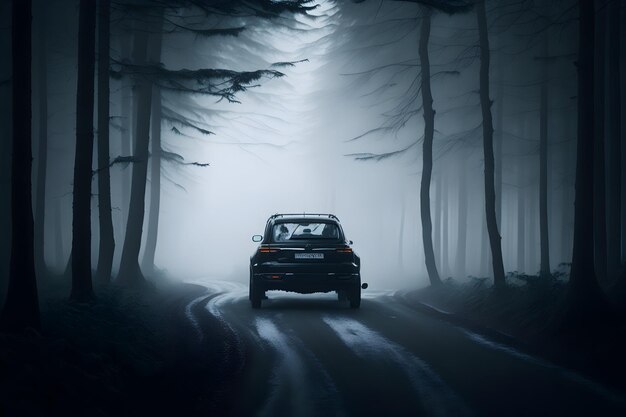 Black and white image of a car parked in middle of road in foggy moody forest generated by Ai