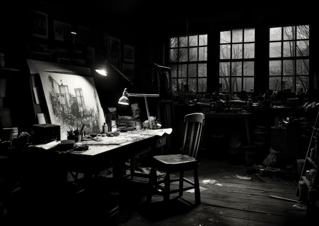 Foto un'immagine in bianco e nero dello studio di un fumettista con un'illuminazione drammatica in chiaroscuro che enfatizza il th