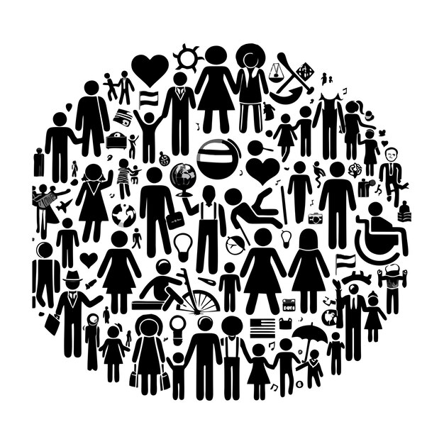 черно-белое изображение круга с людьми и круга со словами "любовь" на нем
