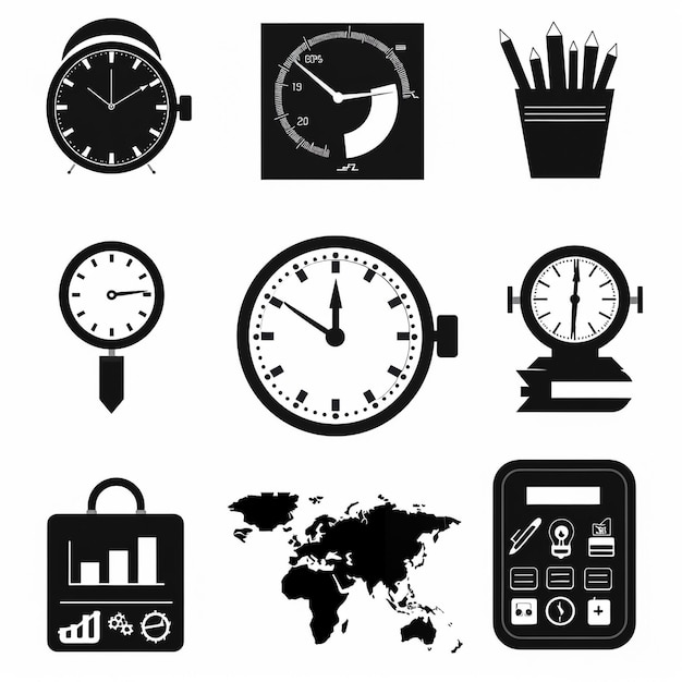 Photo a black and white image of a clock and a world map