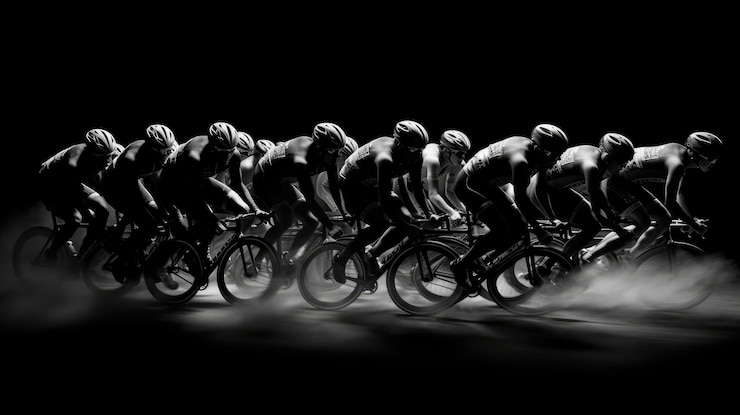 Photo a black and white image of a cyclist in a race.