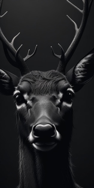 A black and white image of a deer with antlers and horns.