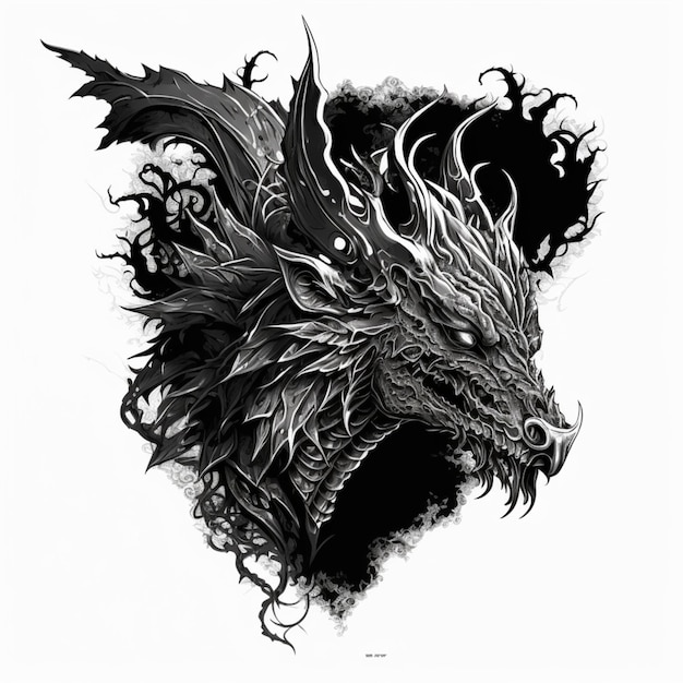Черно-белое изображение дракона с лицом и лицом с большим глазом.