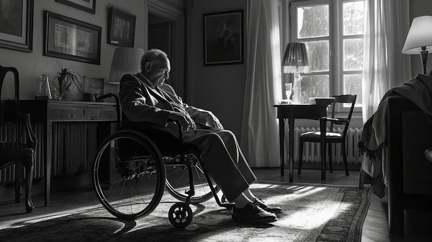 Black and white image of an elderly man sits in wheelchair in classic living room