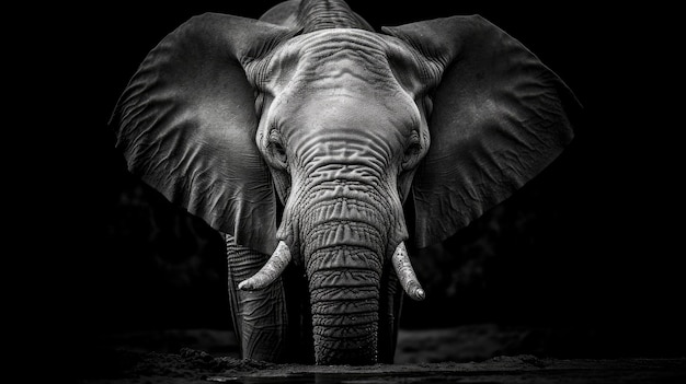 A black and white image of an elephant with the trunk curled up.