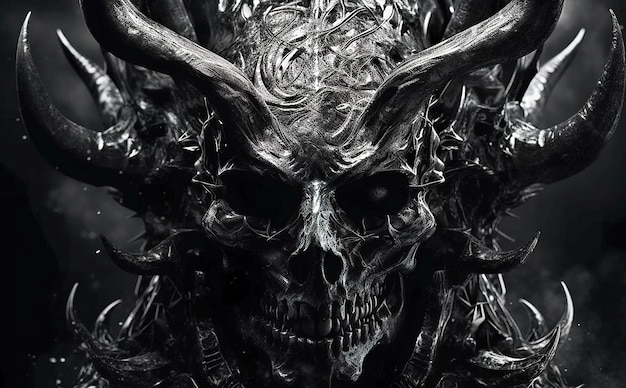 A black and white image of evil skull creature with horns