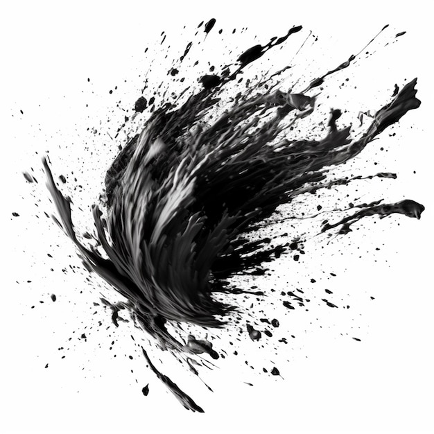 A black and white image of a explosion with black paint splatters.