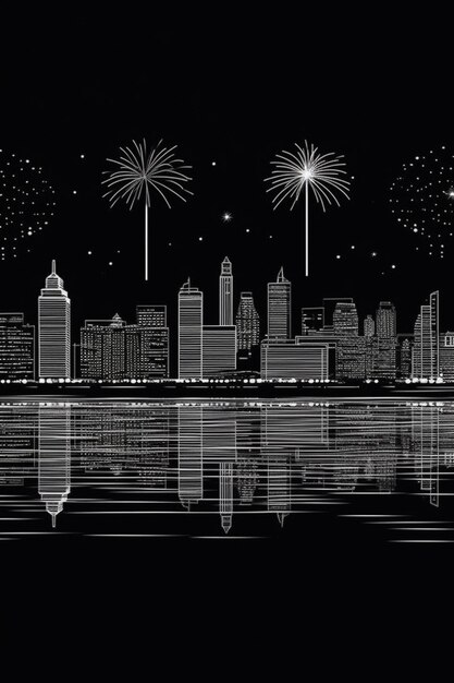 a black and white image of fireworks over a city at night generative ai