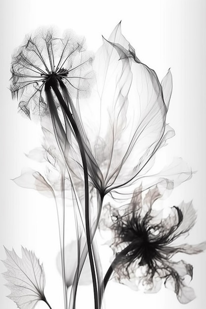 A black and white image of a flower with a large flower on it.