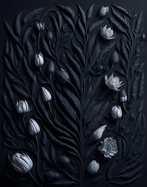 A black and white image of flowers on a wall.