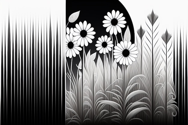 A black and white image of flowers with a sun behind it.