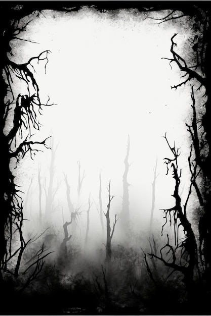 A black and white image of a forest with trees