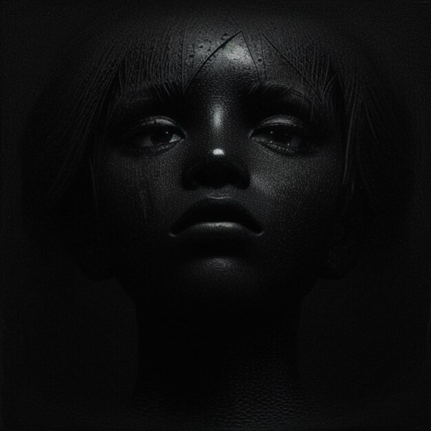 a black and white image of a girl with a face on it