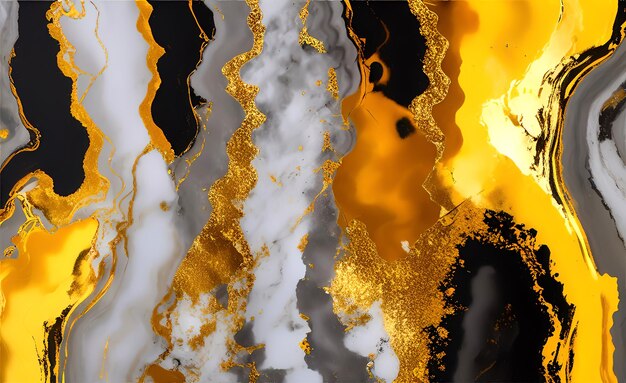 A black and white image of gold and white liquid.