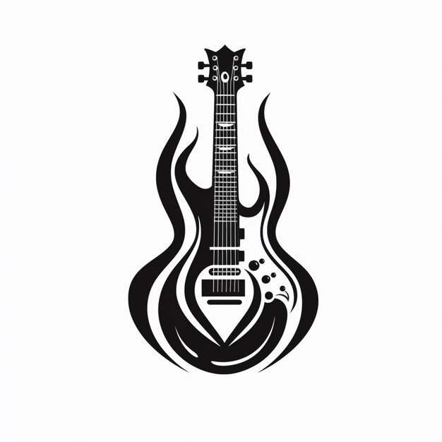 a black and white image of a guitar with flames on it generative ai