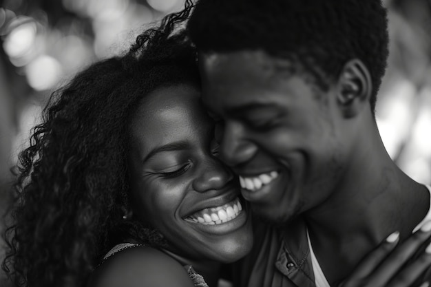 Foto immagine in bianco e nero di una coppia gioiosa che si abbraccia e sorride emettendo felicità e amore