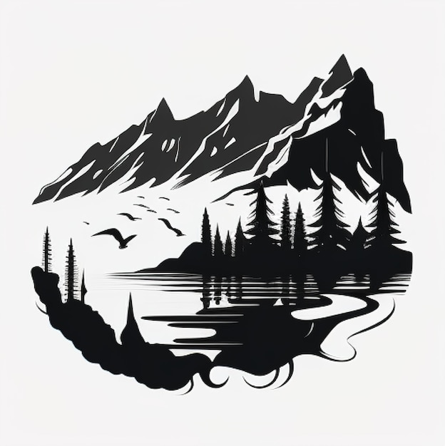 a black and white image of a lake with a mountain and trees.