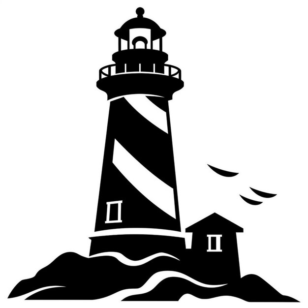 A black and white image of a lighthouse with a bird flying around generative ai