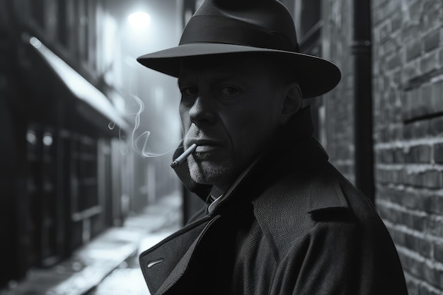 A black and white image of a man in a hat and coat smoking a cigarette in a dark alleyway