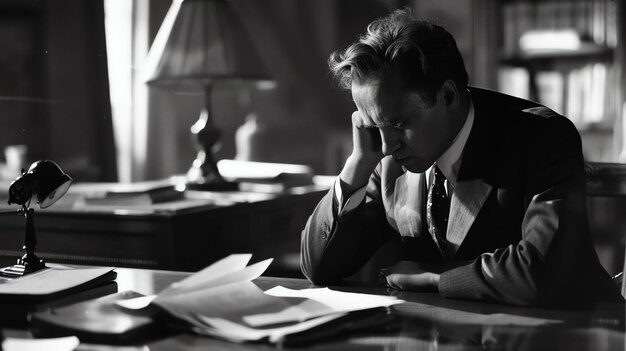 Photo a black and white image of a man sitting at his desk looking stressed and tired he has his hand on his face and is looking at a stack of papers