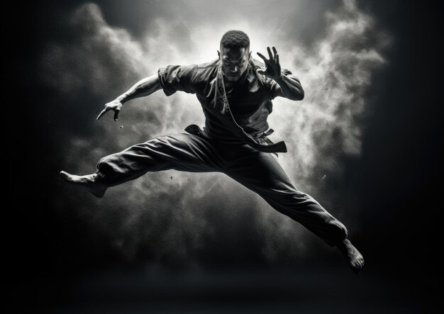 Photo a black and white image of a martial artist executing a powerful jump kick captured in midair