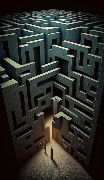 A black and white image of a maze with a light coming through it.