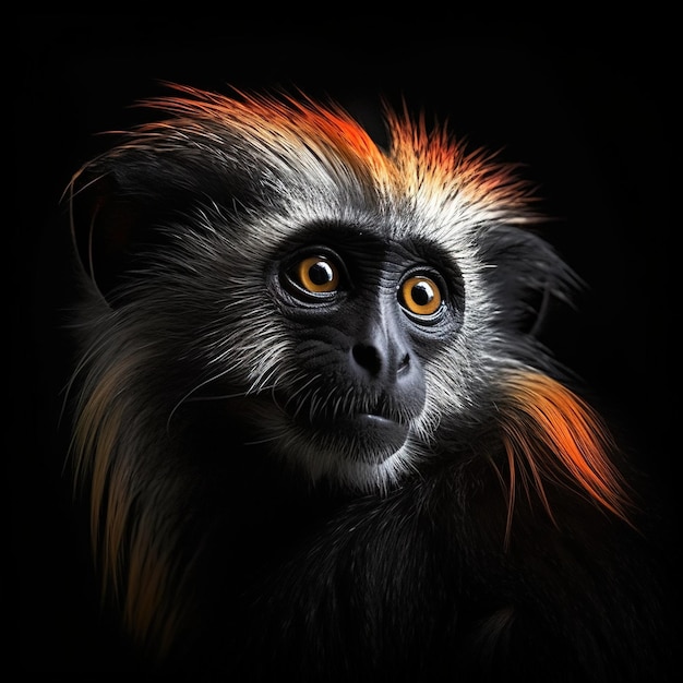 A black and white image of a monkey with orange and black hair.