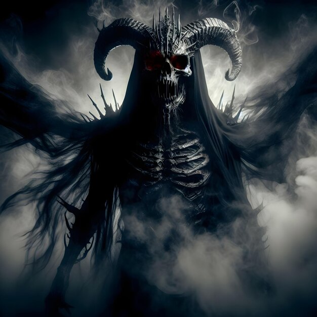 a black and white image of a monster with horns and horns