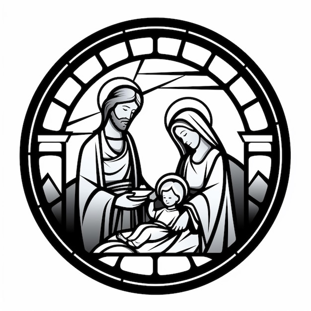 a black and white image of a nativity scene in a stained glass window generativ ai