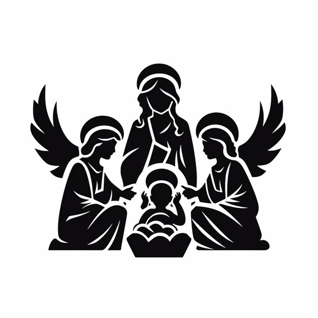 a black and white image of a nativity scene with angels generativ ai