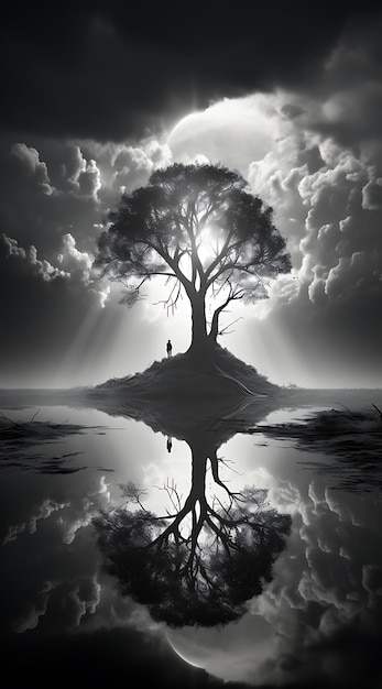 a black and white image of a night sky with a tree and a reflection