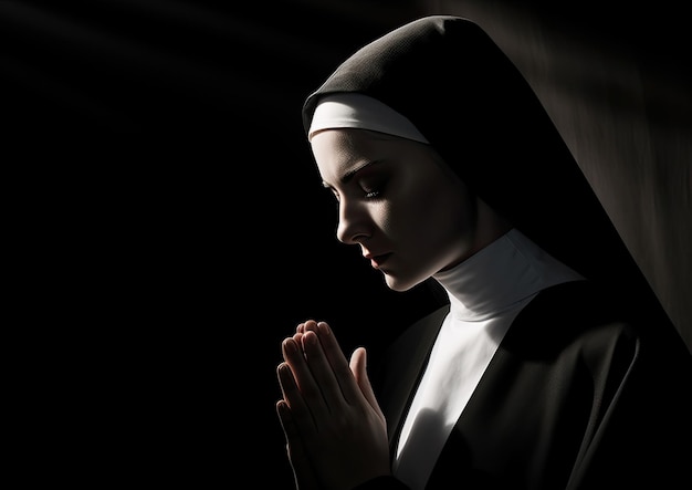 A black and white image of a nun in prayer captured in a minimalist style with strong contrast and