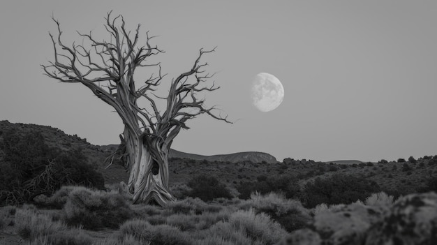 A black and white image of an old dead tree in the middle of the desert