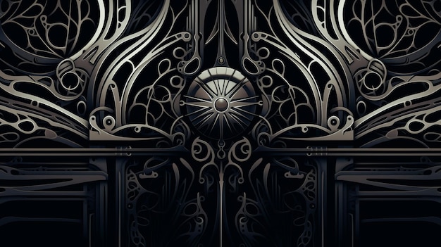 A black and white image of an ornate design on a black background