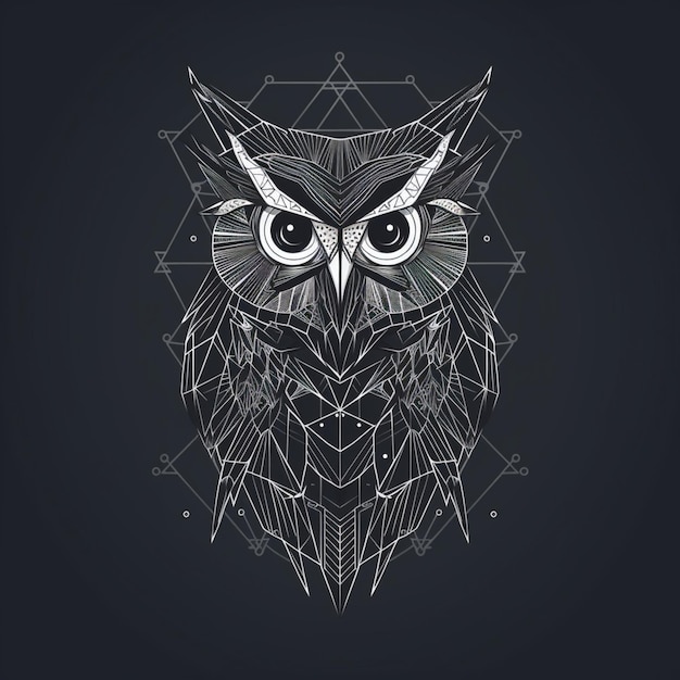 A black and white image of an owl with a geometric pattern.